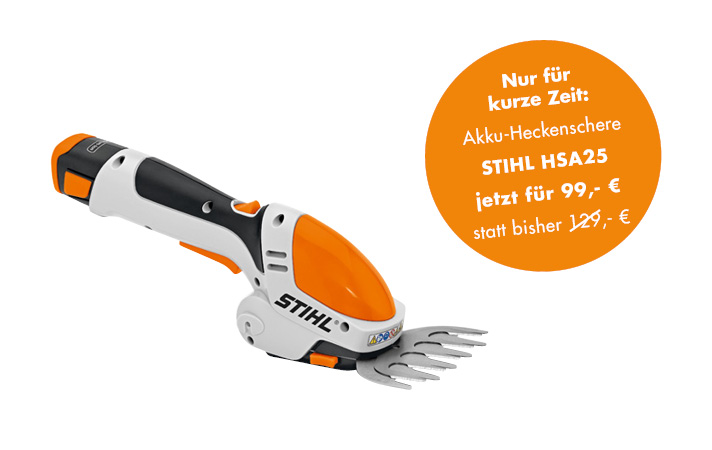 Jetzt für 99,-€ statt bisher 129,-€: Die handliche und schnittstarke STIHL Akku-Heckenschere HSA25!